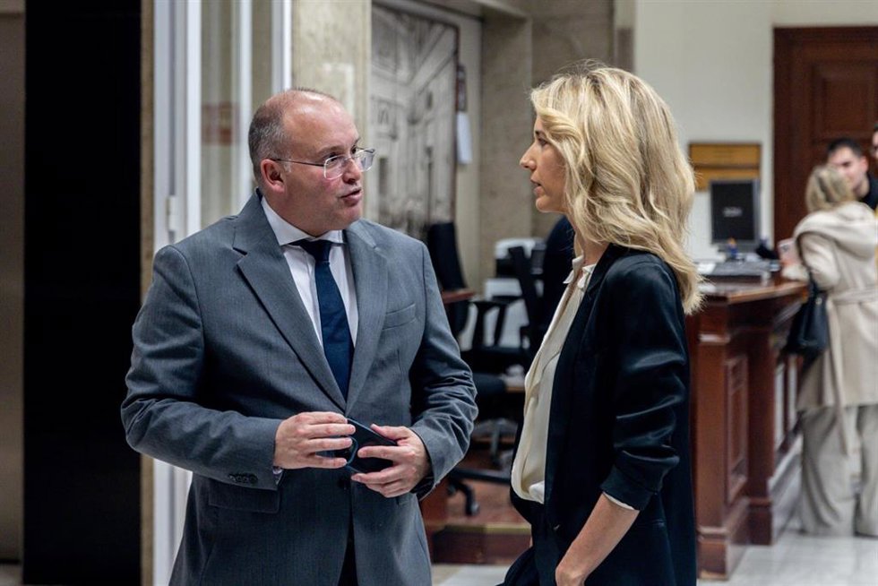 El portavoz del PP en el Congreso, Miguel Tellado, y la diputada del PP Cayetana Álvarez de Toledo, en el Congreso de los Diputados, a 10 de febrero de 2025, en Madrid (España).