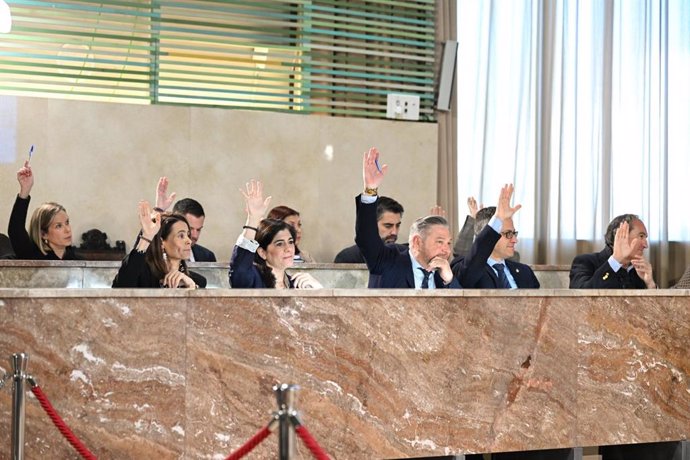 Los concejales del equipo de gobierno de Almería votan a favor de la tramitación del proyecto para la Ciudad Deportiva de la UD Almería en El Toyo, durante el Pleno del Ayuntamiento.