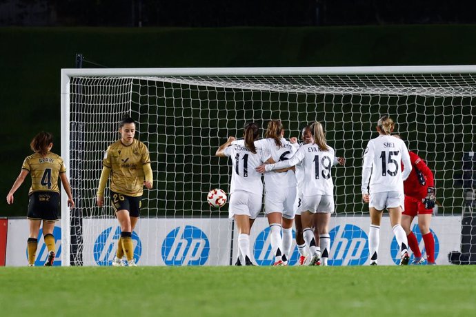 Sandie Toletti of Real Madrid celebrates a goal with teammates during the Spanish Women Copa de la Reina quarter-final match between Real Madrid and Real Sociedad at Alfredo Di Stefano stadium on February 13, 2025, in Valdebebas, Madrid, Spain.