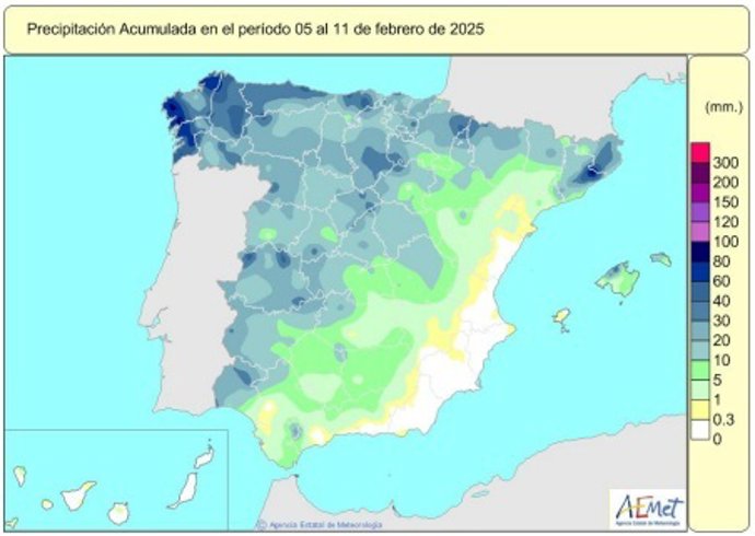 Las lluvias acumuladas desde el 1 de octubre se cifran en 315 l/m2, 1% más que su valor normal.
