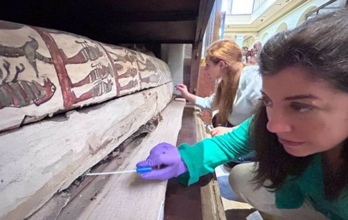 Trabajos de conservación en un antiguo sarcófago egipcio