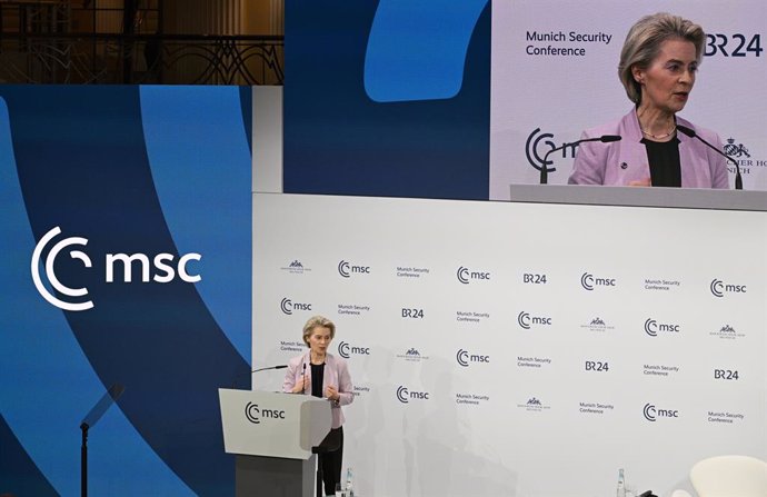 14 February 2025, Bavaria, Munich: EU Commission President, Ursula von der Leyen, speaks at the opening of the 61st Munich Security Conference (MSC) at the Bayerischer Hof conference hotel. Photo: Boris Roessler/dpa