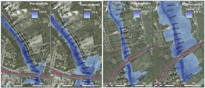 Los resultados del trabajo han sido publicados en la la revista Estudios Geográficos, del CSIC, donde se analiza y cuantifica el modo en que dicho incendio puede incrementar los potenciales daños y láminas inundables en próximos eventos tormentosos