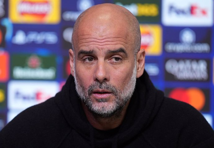 10 February 2025, United Kingdom, Manchester: Manchester City manager Pep Guardiola speaks during a press conference at the City Football Academy ahead of Tuesday's UEFA Champions League soccer match against Real Madrid. Photo: Martin Rickett/PA Wire/dpa