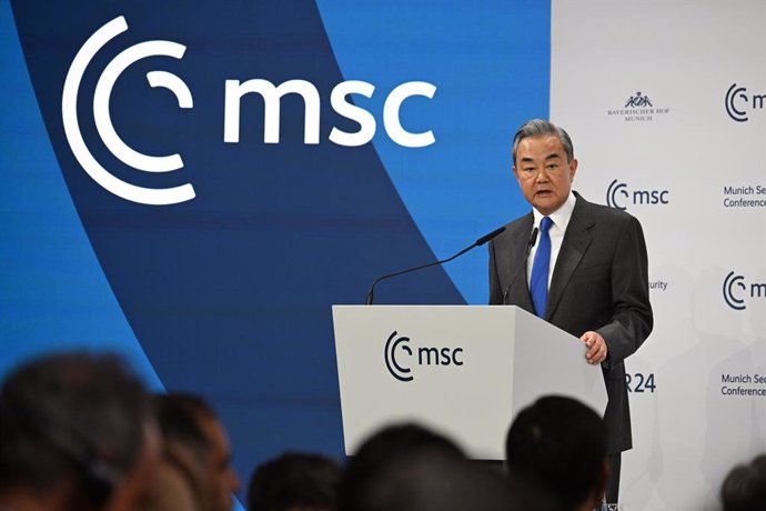 14 February 2025, Bavaria, Munich: Chinese Foreign Minister Wang Yi speaks at the 61st Munich Security Conference (MSC) at the Bayerischer Hof conference hotel. Photo: Boris Roessler/dpa