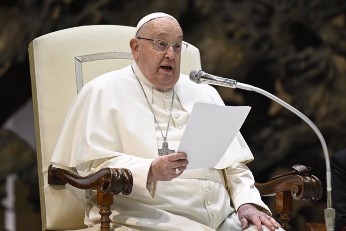 12 February 2025, Vatican, Vatican City: Pope Francis speaks during his weekly general audience in the Paul VI hall at the Vatican. Photo: -/IPA via ZUMA Press/dpa