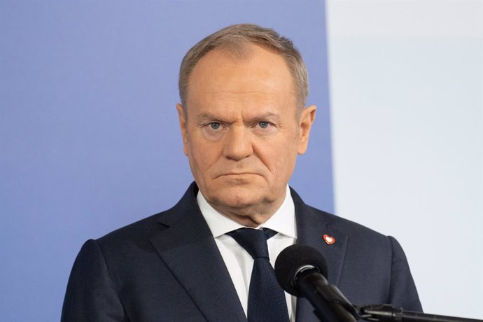 February 13, 2025, Warsaw, Poland: Prime Minister of Poland Donald Tusk, speaks during a press conference. Polish Prime Minister Donald Tusk met with Alphabet and Google CEO Sundar Pichai. During the meeting, a memorandum was signed regarding the use of a