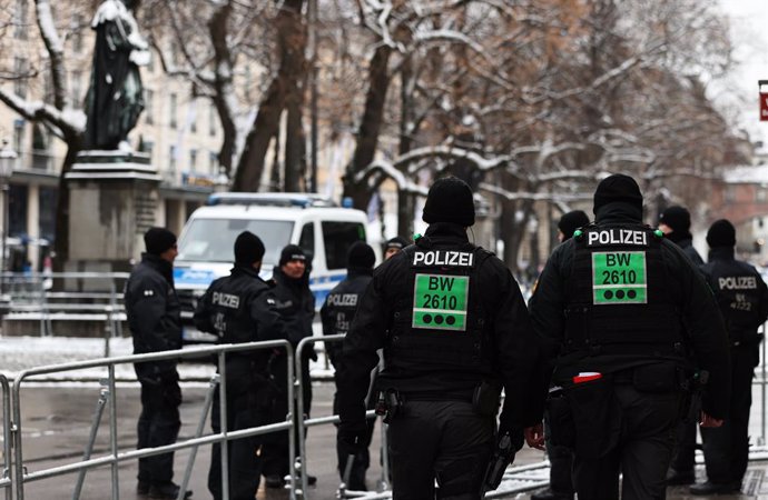 MUNICH, Feb. 14, 2025  -- Policemen guard outside the main conference site of the 61st Munich Security Conference (MSC) in Munich, Germany, Feb. 14, 2025. The 61st Munich Security Conference is held here from Friday to Sunday.