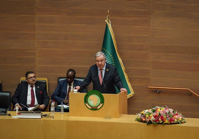 ADDIS ABABA, Feb. 15, 2025  -- UN Secretary-General Antonio Guterres speaks during the opening ceremony of the 38th Ordinary Session of the African Union (AU) Assembly of the Heads of State and Government in Addis Ababa, Ethiopia, Feb. 15, 2025.   The sum