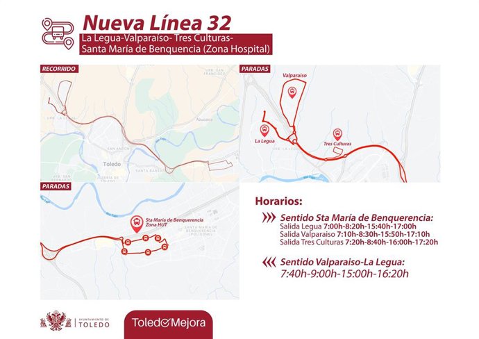 Cartel informativo sobre la nueva línea 32 de autobús urbano de Toledo.