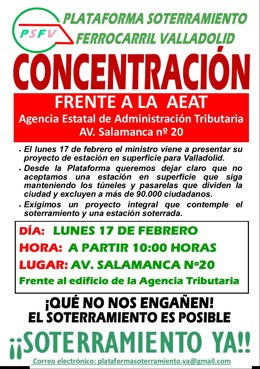 Cartel de la convocatoria de la concentración de la Plataforma por el Soterramiento de Valladolid para mañana.