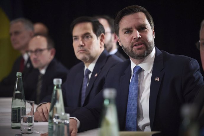 February 14, 2025, Kyiv, Ukraine: U.S Vice President JD Vance, right, comments during a bilateral meeting with Ukrainian President Volodymyr Zelenskyy, on the sidelines of the annual Munich Security Conference, February 14, 2025 In Munich, Germany.