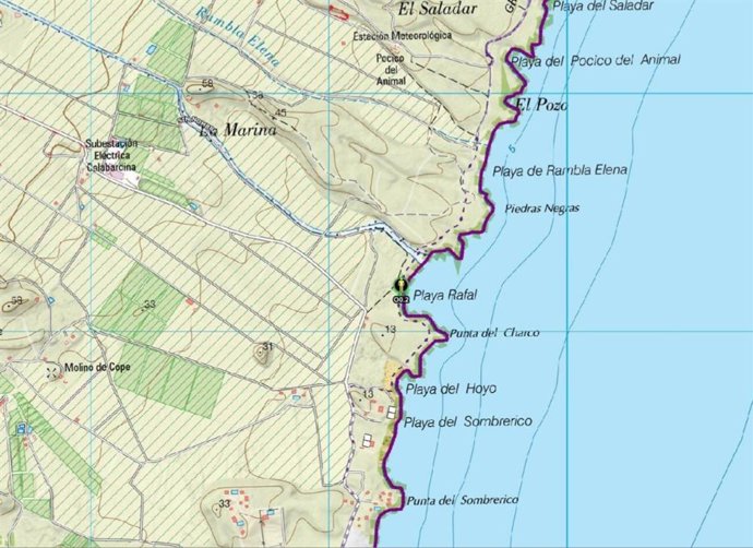 Mapa de playas de parte de la costa de la Región de Murcia donde aparece la playa del Rafal, en Águilas (Murcia)