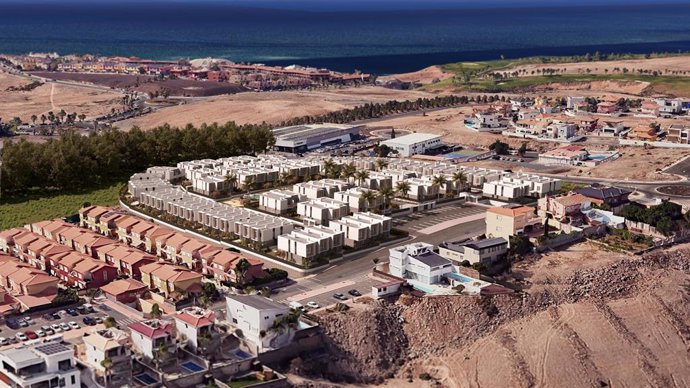 Imagen aérea de cómo será la promoción Oase de AEDAS Homes en Meloneras, en San Bartolomé de Tirajana (Gran Canaria).
