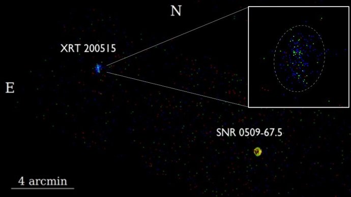 A "notável" exploso cósmica XRT 200515 observada pelo Observatório de Raios X Chandra da NASA.