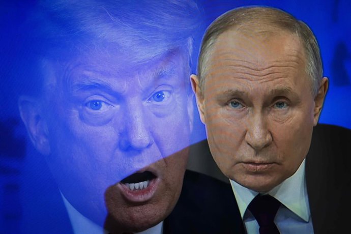 15 de fevereiro de 2025, Rússia: (NOTA DO EDITOR: Esta imagem foi criada ao filmar uma tela de TV usando exposição múltipla na câmera) Nesta foto ilustrativa, mostra o presidente dos Estados Unidos, Donald Trump, e o presidente da Rússia, Vladimir Putin. 