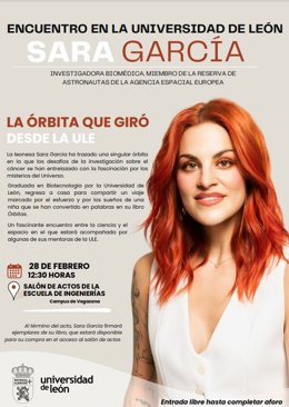 Cartel anunciador de la visita de la astronauta Sara García a la Universidad de León.