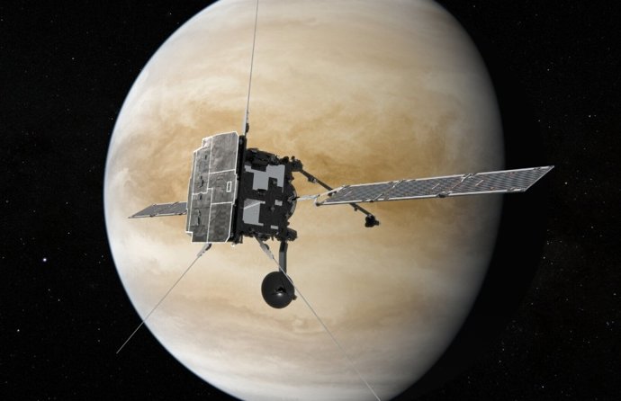 Ilustração do Solar Orbiter sobrevoando Vênus
