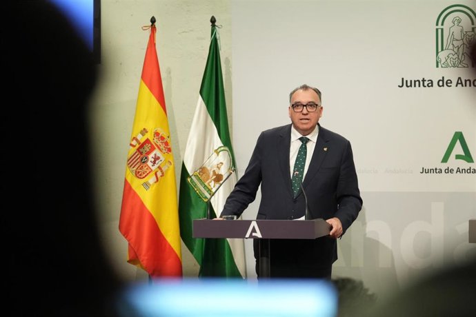 El consejero de Turismo y Andalucía Global, Arturo Bernal Bergua durante la rueda de prensa posterior al Consejo de Gobierno. A 18 de febrero de 2025, en Sevilla (Andalucía, España). 