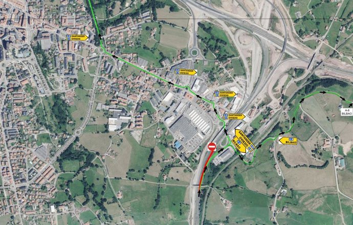 Plano de la zona donde se registrarán los cortes nocturnos en la A-67 en el entorno de Torrelavega para el aglomerado de la calzada