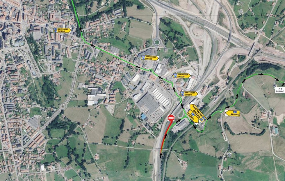 Plano de la zona donde se registrarán los cortes nocturnos en la A-67 en el entorno de Torrelavega para el aglomerado de la calzada