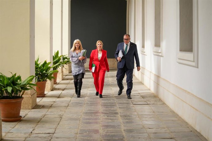 La consejera de Economía, Hacienda y Fondos Europeos y portavoz del Gobierno, Carolina España (c) la consejera de Cultura y Deporte, Patricia del Pozo (i) y el consejero de Turismo y Andalucía Global, Arturo Bernal Bergua (d) a su llegada a la rueda de pr