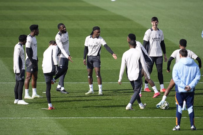 Antonio Rudiger and Eduardo Camavinga during the training day of Real Madrid ahead the UEFA Champions League 2024/25 League Knockout Play-off second leg match against Manchester City at Ciudad Deportiva Real Madrid on February 18, 2024, in Valdebebas, Mad