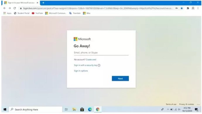 Interface de login para uma conta da Microsoft