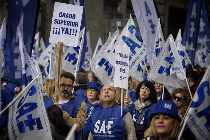 Archivo - Imagen de archivo de técnicos sanitarios durante una manifestación frente al Ministerio de Sanidad.