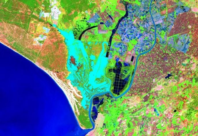 Imagen de satélite 'Landsat' 8 del 30 de enero de 2025, donde se destacan en azul claro las zonas inundadas De la marisma y que permite estimar la superficie total.