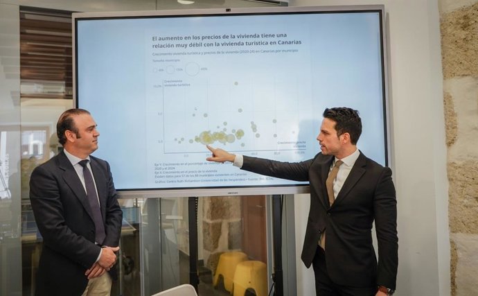 Momento de la presentación del informe, dirigido por el economista Daniel Fernández Méndez (derecha), titulado 'Turismo y vivienda en Canarias: ¿amigos o enemigos?', publicado por el Centro Ruth Richardson de la Universidad de las Hespérides