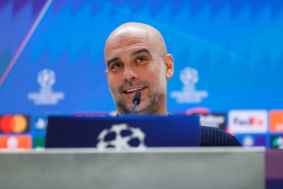 Pep Guardiola, entrenador del Macnhester City, en rueda de prensa en el Santiago Bernabéu