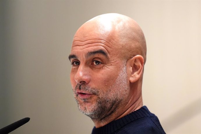 18 February 2025, Spain, Madrid: Manchester City manager Pep Guardiola speaks during a press conference at the Santiago Bernabeu, ahead of Wednesday's UEFA Champions League second leg soccer match against Real Madrid. Photo: John Walton/PA Wire/dpa