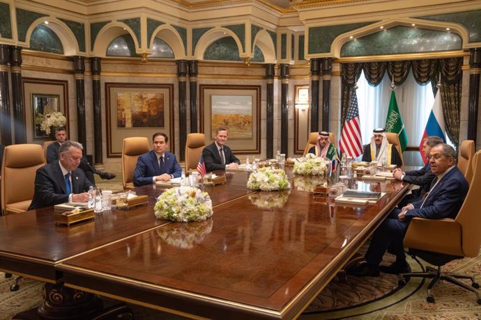 February 18, 2025, Riyadh, Riyadh Province, Saudi Arabia: U.S, Saudi and Russian delegates pose before the start of talks on the Russo-Ukraine War at the Diriyah Palace, February 18, 2025 in Riyadh, Saudi Arabia. Sitting from left: U.S. Middle East envoy 