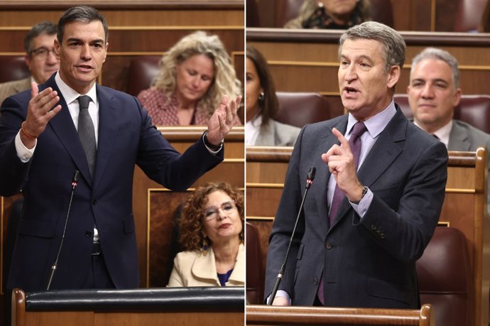 O Presidente do Governo, Pedro Sánchez, e o Presidente do PP, Alberto Núñez Feijóo, no Congresso.