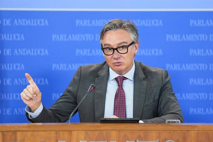 El portavoz del Grupo Parlamentario Vox, Manuel Gavira, este miércoles en rueda de prensa.