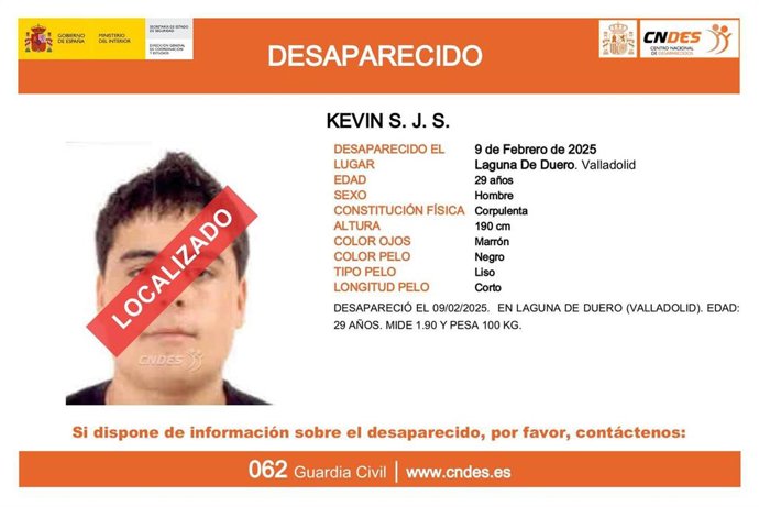 Cartel del el Centro Nacional de Desaparecidos sobre la localización de Kevin S. J. S., que estaba desaparecido en Laguna de Duero (Valladolid) desde el 9 de febrero.