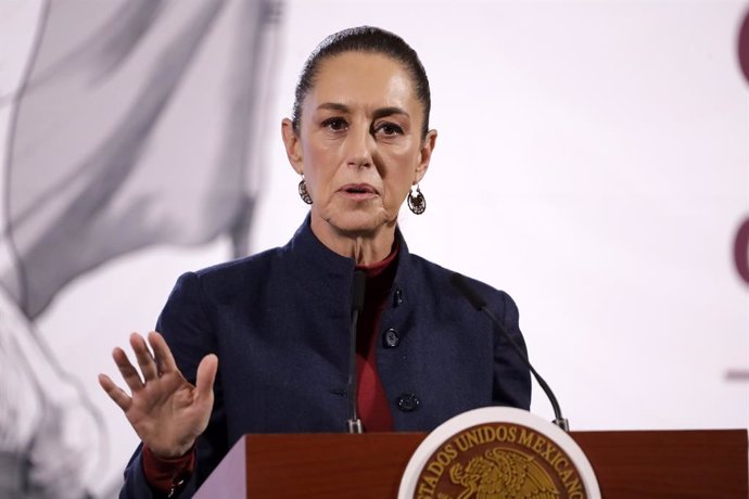 Claudia Sheinbaum Pardo, President of Mexico, speaking during a briefing conference at National Palace. on February 17, 2025 in Mexico City, Mexico.