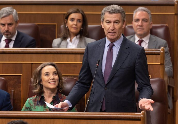 La secretaria general del PP, Cuca Gamarra, y el presidente del PP, Alberto Núñez Feijóo, durante un pleno en el Congreso de los Diputados, a 19 de febrero de 2025, en Madrid (España). La vicepresidenta primera y ministra de Hacienda, María Jesús Montero,