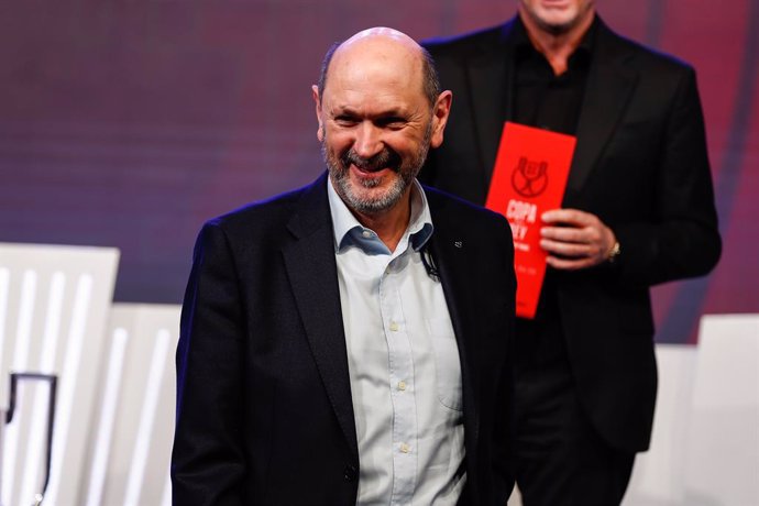 Rafael Louzan, president of RFEF (Royal Spanish Football Federation) gestures during Copa del Rey draw at the Ciudad del Futbol on February 12, 2025 in Madrid, Spain.