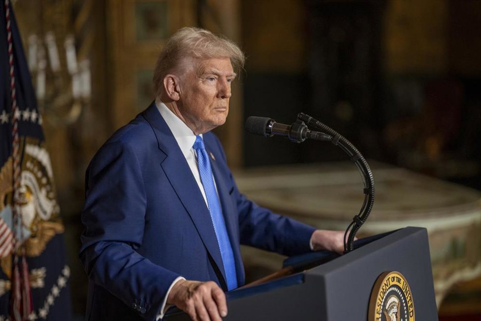February 18, 2025, Palm Beach, Fl, United States: U.S President Donald Trump, listens to a question during a brief press conference following the signing of executive orders at his Mar-a-Lago resort, February 18, 2025 in Palm Beach, Florida.