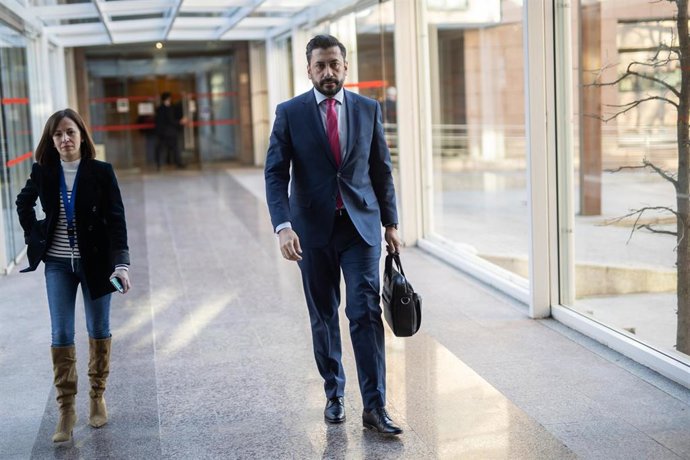 El portavoz del PP en la Asamblea de Madrid, Carlos Díaz-Pache, llega a un pleno en la Asamblea de Madrid, a 6 de febrero de 2025, en Madrid (España).