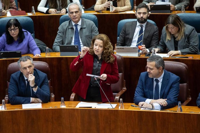 La consejera de Sanidad de la Comunidad de Madrid, Fátima Matute, interviene durante un pleno en la Asamblea de Madrid