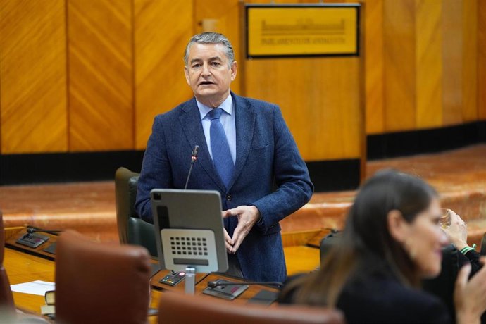 El consejero de la Presidencia, Interior, Diálogo Social y Simplificación Administrativa, Antonio Sanz, en el Pleno del Parlamento andaluz.