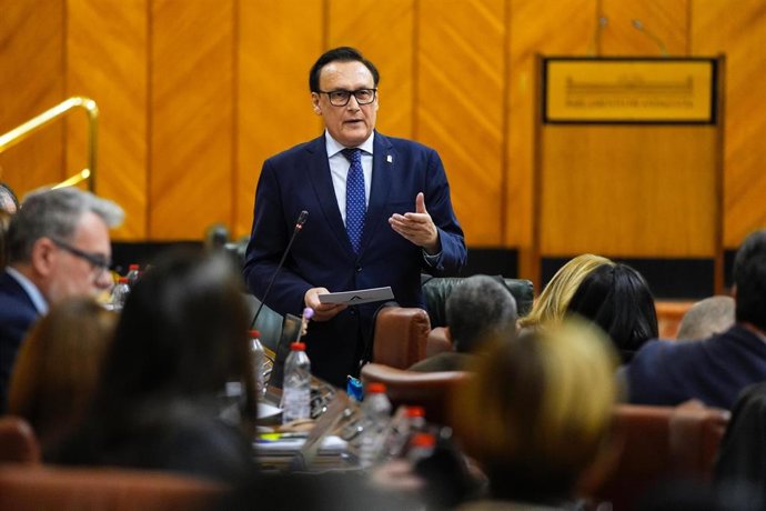 El consejero de Universidad, Investigación e Innovación, José Carlos Gómez Villamandos, en pleno parlamentario, a fecha de 20 de febrero de 2025.