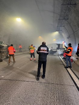 Simulacro de accidente de tráfico e indendio en el túnel de Coll de Lilla en Conca de Barberà (Tarragona)