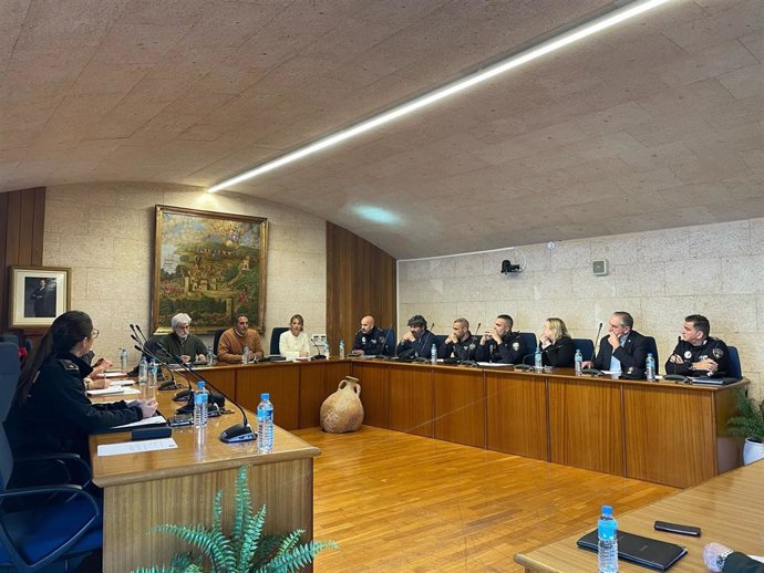 El director general de Emergencias e Interior, Pablo Gárriz, y la directora de la EBAP, Violeta Rodríguez, informan de las novedades al Consejo de Coordinación Metropolitano de Policías Locales