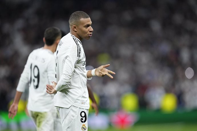 Kylian Mbappe of Real Madrid celebrates a goal during the UEFA Champions League 2024/25 League Knockout Play-off second leg match between Real Madrid CF and Manchester City, at Santiago Bernabeu stadium on February 19, 2025, in Madrid, Spain.