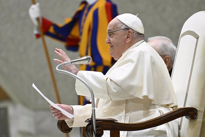 01 February 2025, Vatican: Pope Francis speaks during the Jubilee Audience for the Pilgrimage of the Diocese of Caserta and Capua in Paul VI Hall at the Vatican. Photo: Vatican Media/IPA via ZUMA Press/dpa