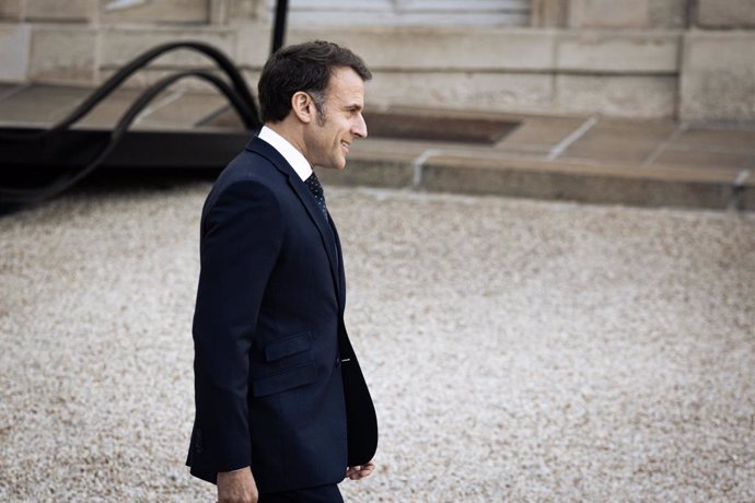 February 17, 2025, Paris, France: French President Emmanuel Macron seen at the Elysee Palace courtyard ahead of the informal meeting with European leaders. The French President Emmanuel Macron presided an informal meeting on Ukraine and security in Europe